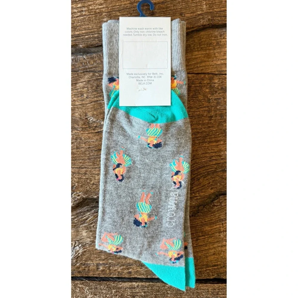 Men's Crown & Ivy SZ 8-12 Dancing Hula Girl Socks Gray/Teal Preppy Tropical Fun